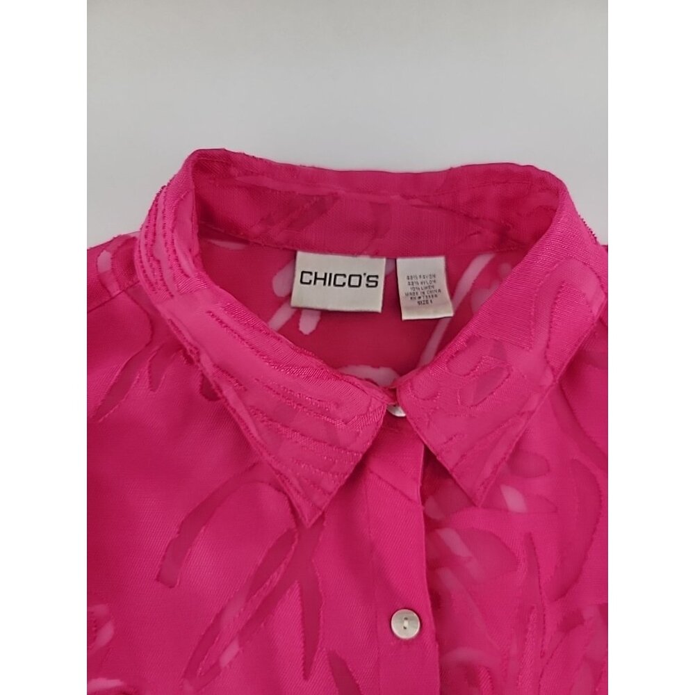 Chico’s Size 1 (M/8) Pink Button Front Sheer Blouse LS Floral Burnout Shirt - Picture 8 of 11